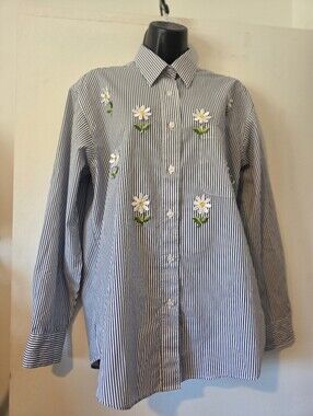 Las Olas Cottagecore Striped Blue & White Floral Embroidered Shirt